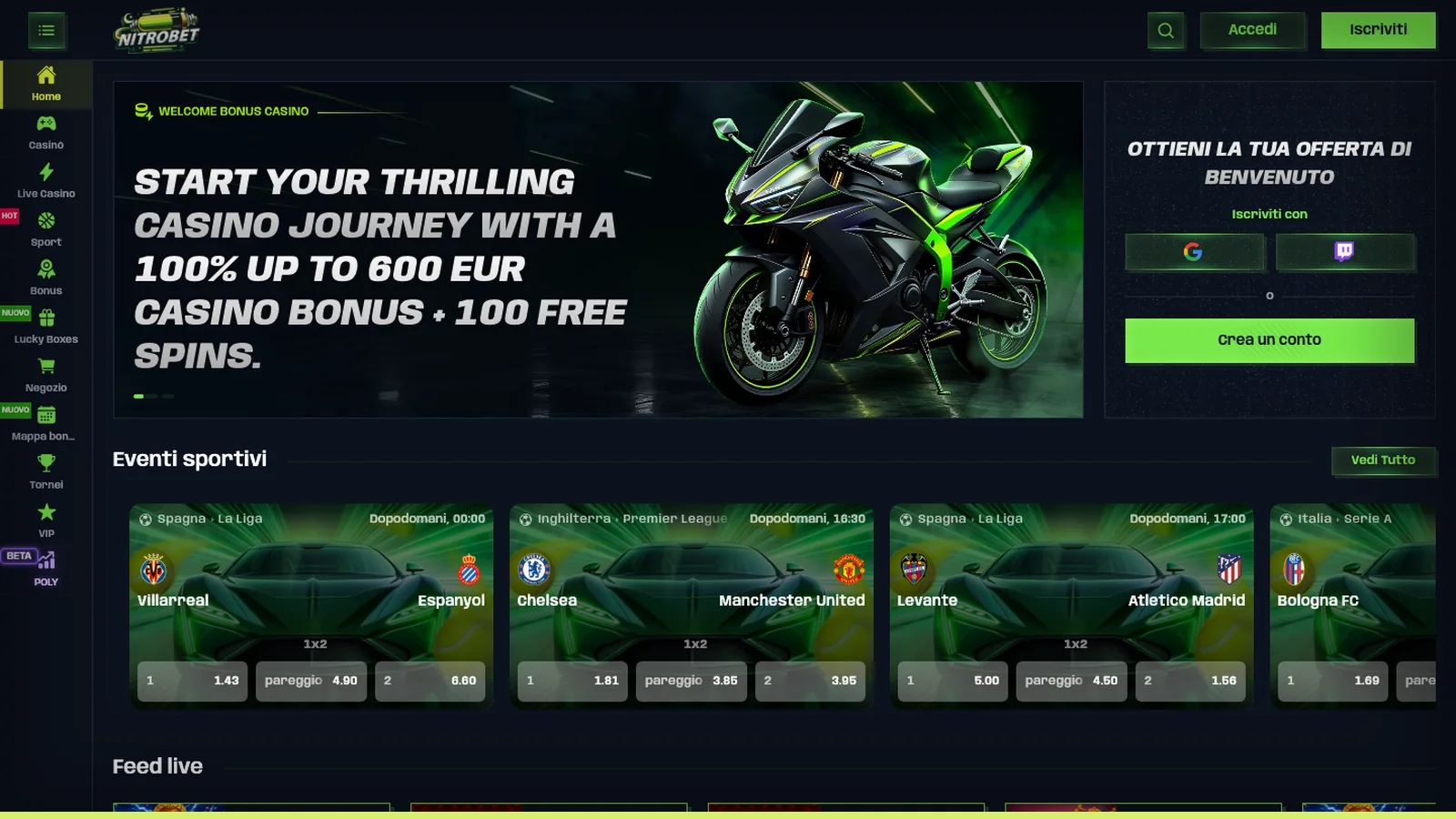 La home del casinò Nitrobet, con l'offerta di benvenuto in evidenza.