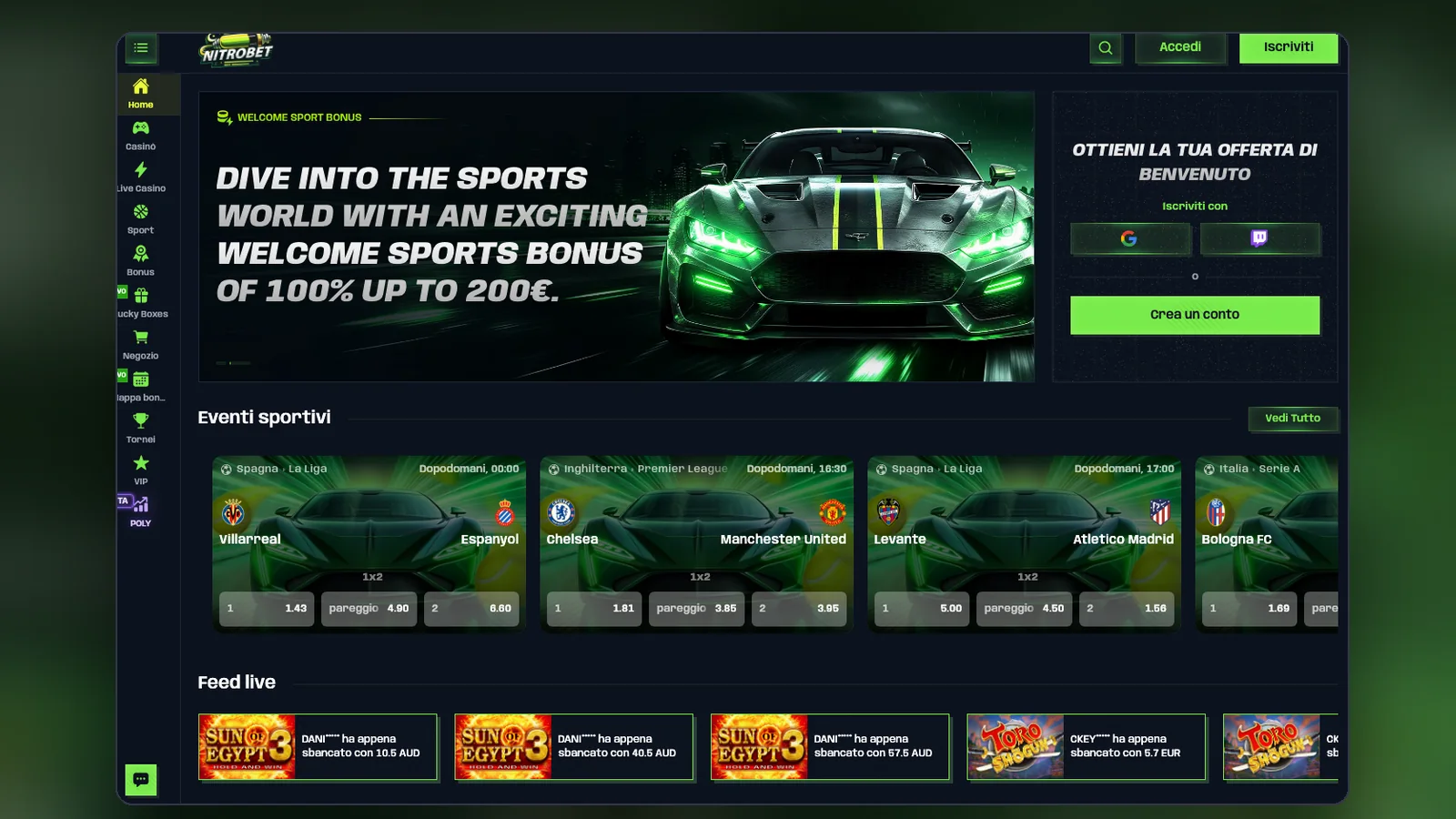 La pagina iniziale dedicata allo sport, con le partite in programma.