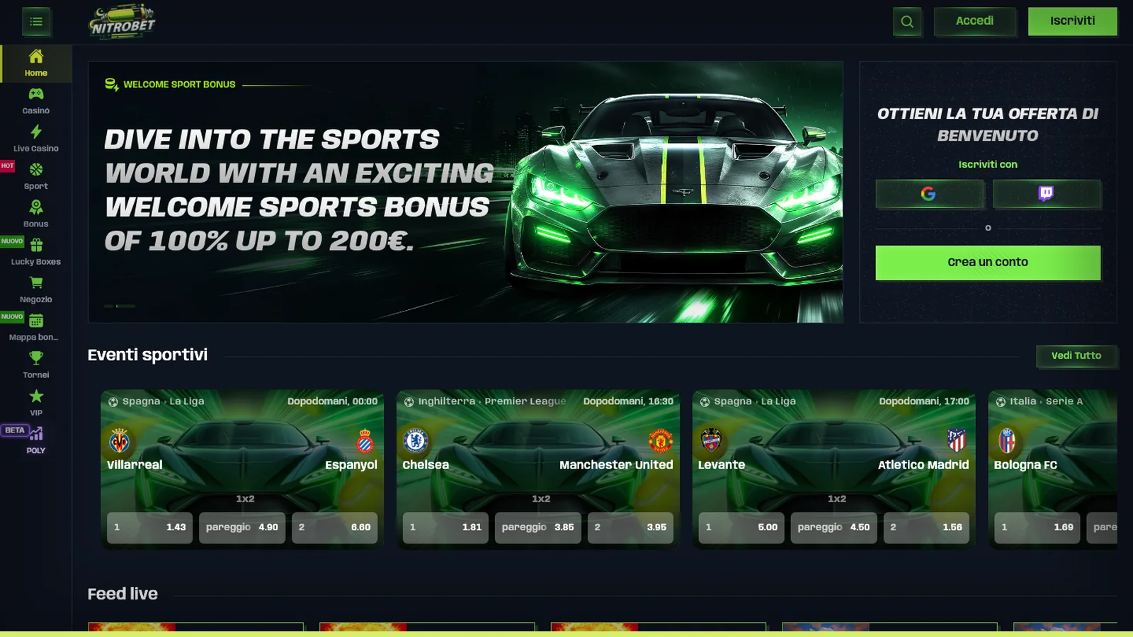 La vista sport della home, con il bonus scommesse nel banner.