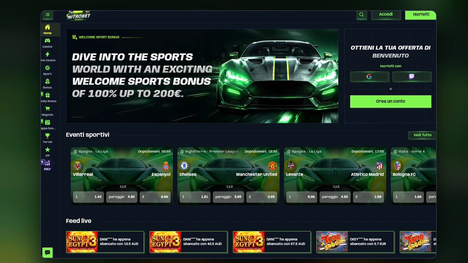 La pagina iniziale dedicata allo sport, con le partite in programma.