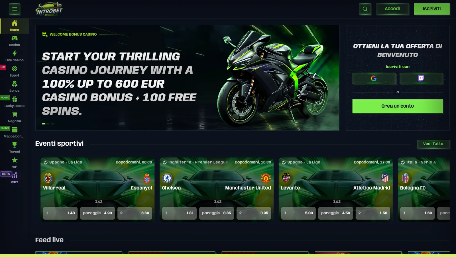 La home del casinò Nitrobet, con l'offerta di benvenuto in evidenza.