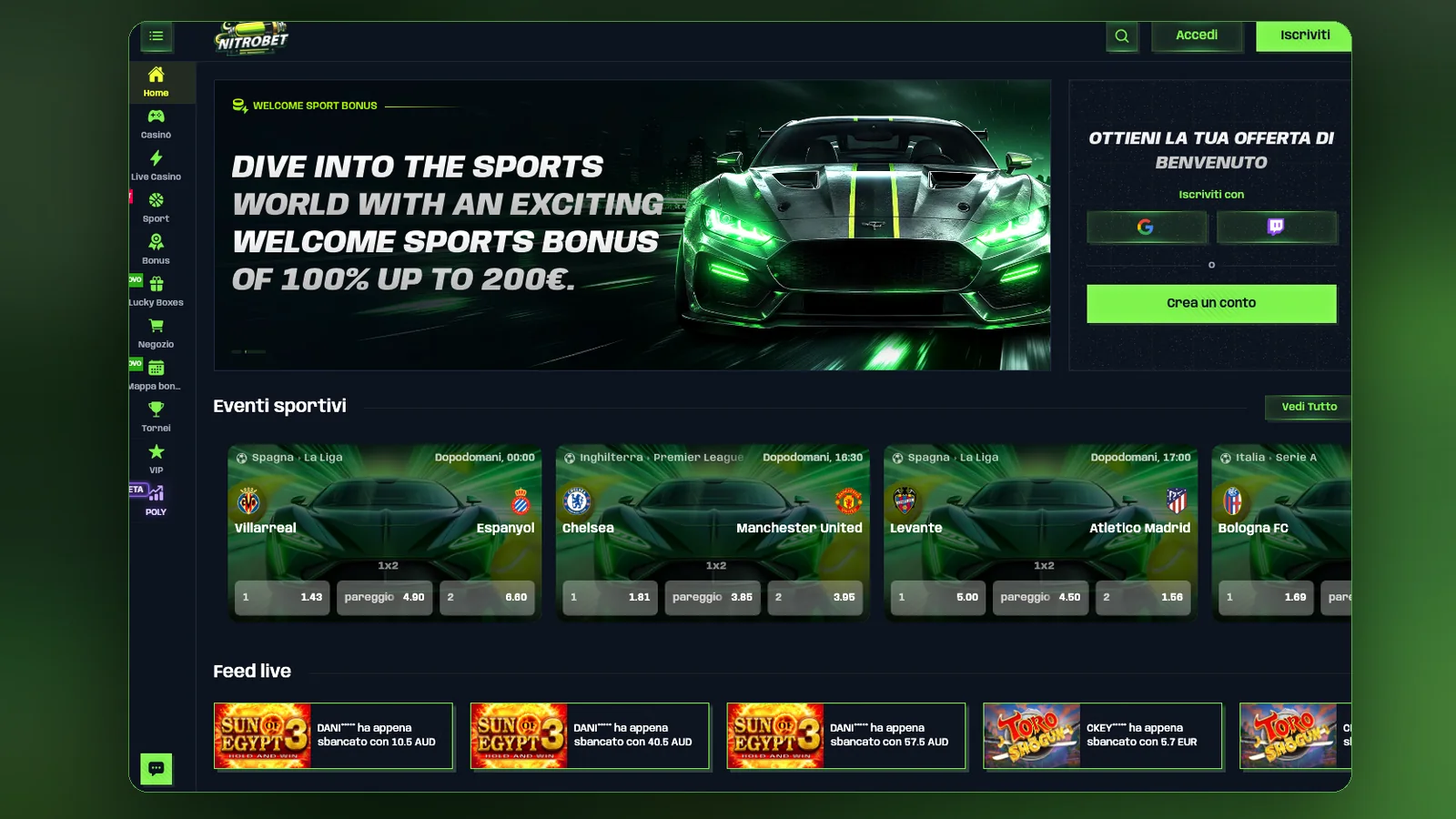 La pagina iniziale dedicata allo sport, con le partite in programma.